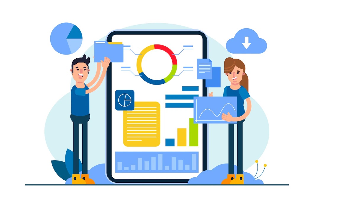 imagen con dos figuras humanas señalando herramientas digitales